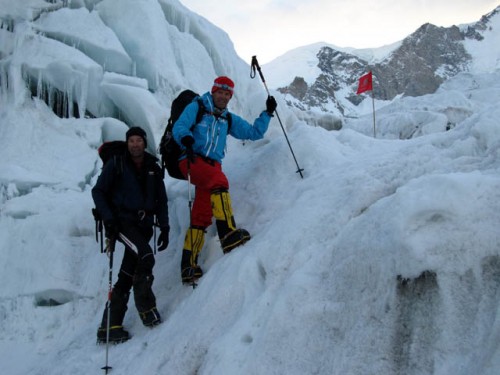 Günther and Gerfried walking through the difficult and dangerous glacier at around 5300m